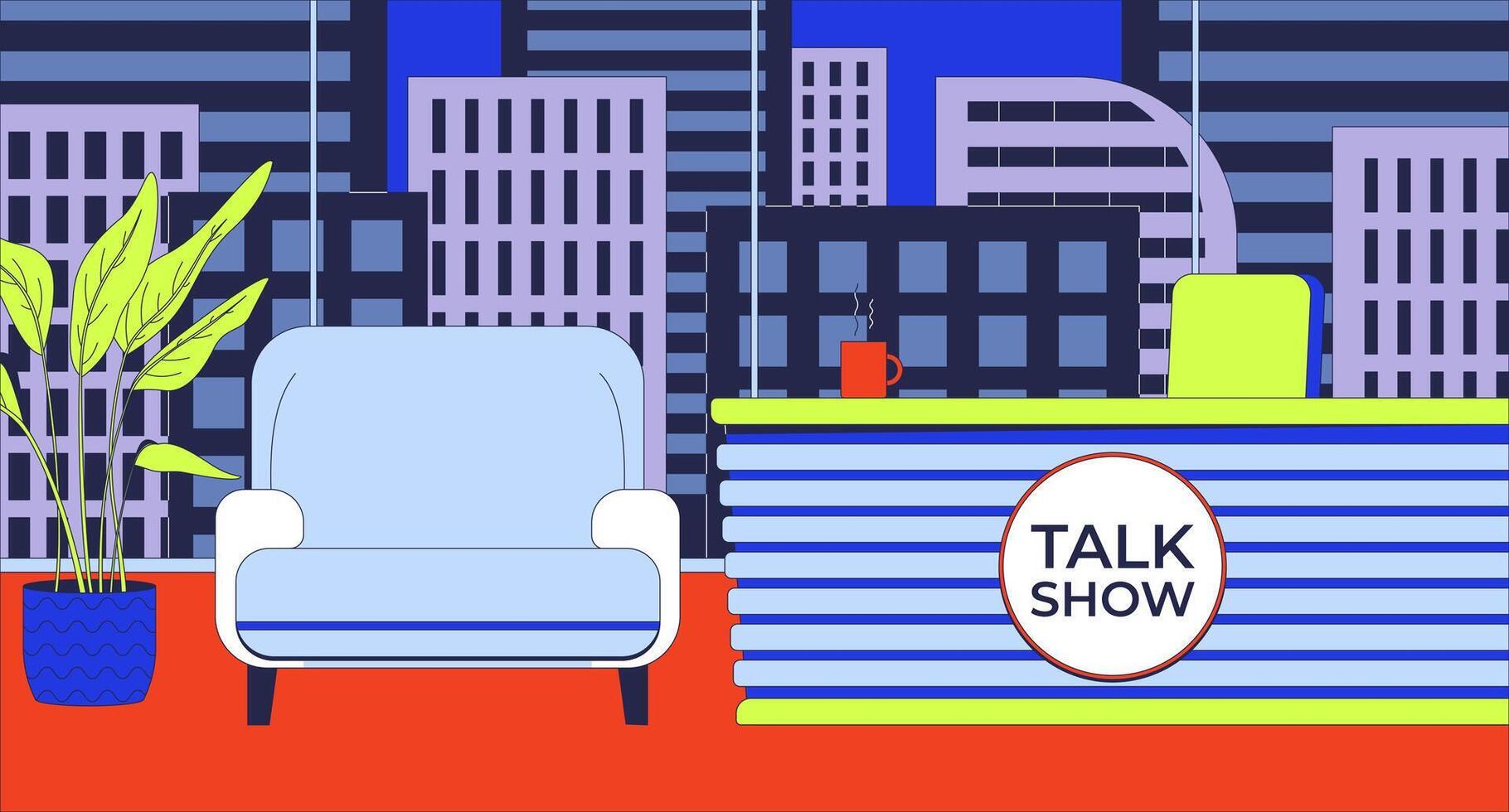Talk show studio flat illustration. Entertainment talkshow room with desk and armchair for guest. Television program 2D interior cartoon background. Channel TV production scene image vector