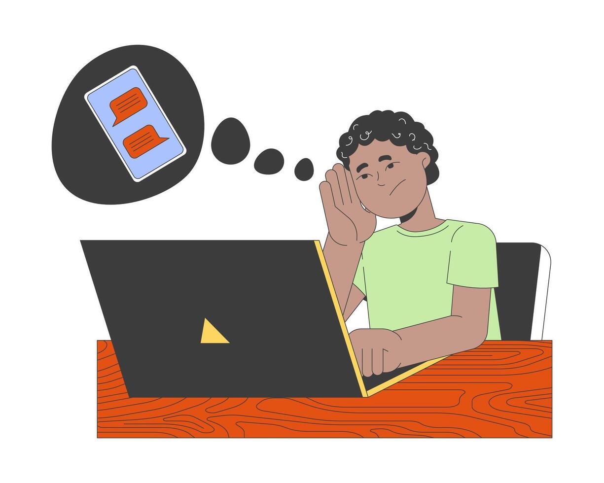 Sad african american boy doing homework 2D cartoon character. Little student dreaming about texting at laptop isolated person flat on white background. Spot illustration colorful vector