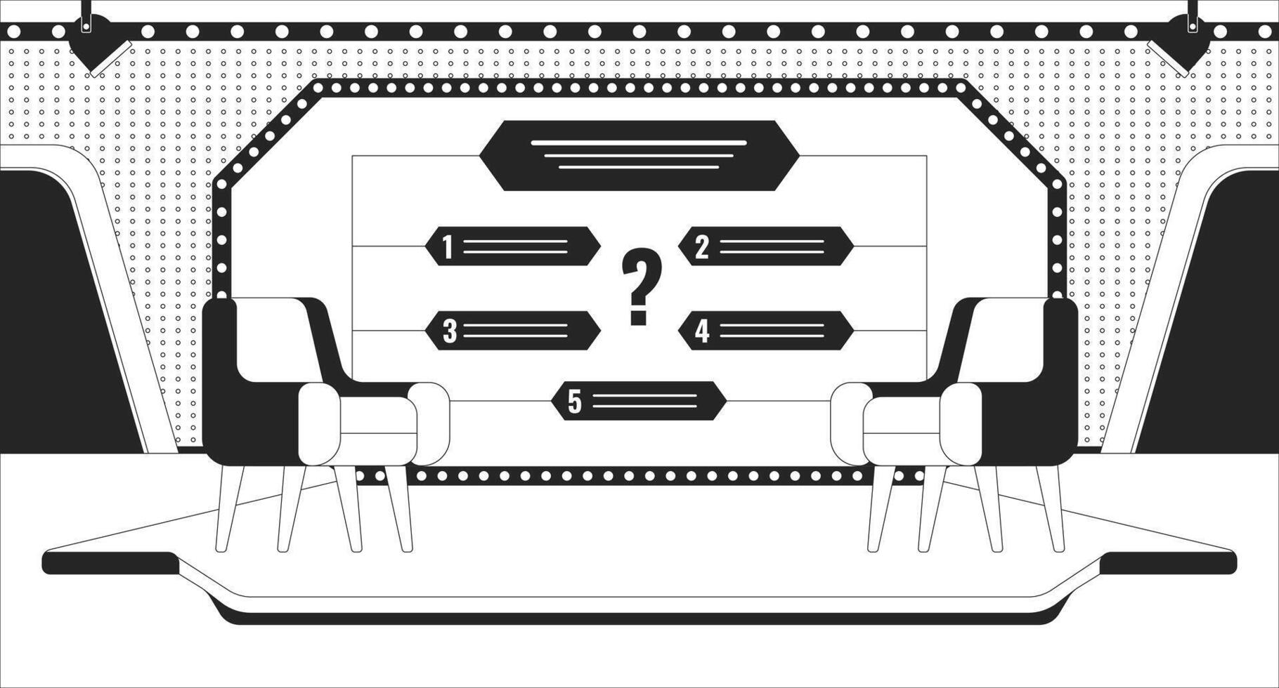 Television game show studio black and white line illustration. Two armchairs and screen with question 2D interior monochrome backdrop. Quiz competition. Trivia contest room outline vector