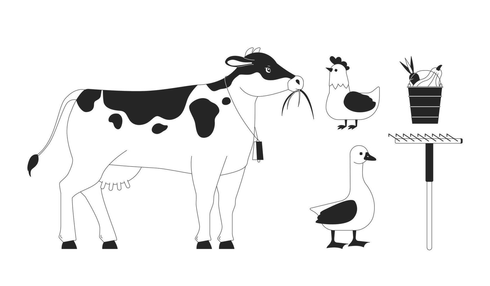 Farm animals with tools black and white 2D line characters, objects set. Husbandry habitats with food and instruments isolated outline people, items. Monochrome spot illustrations collection vector