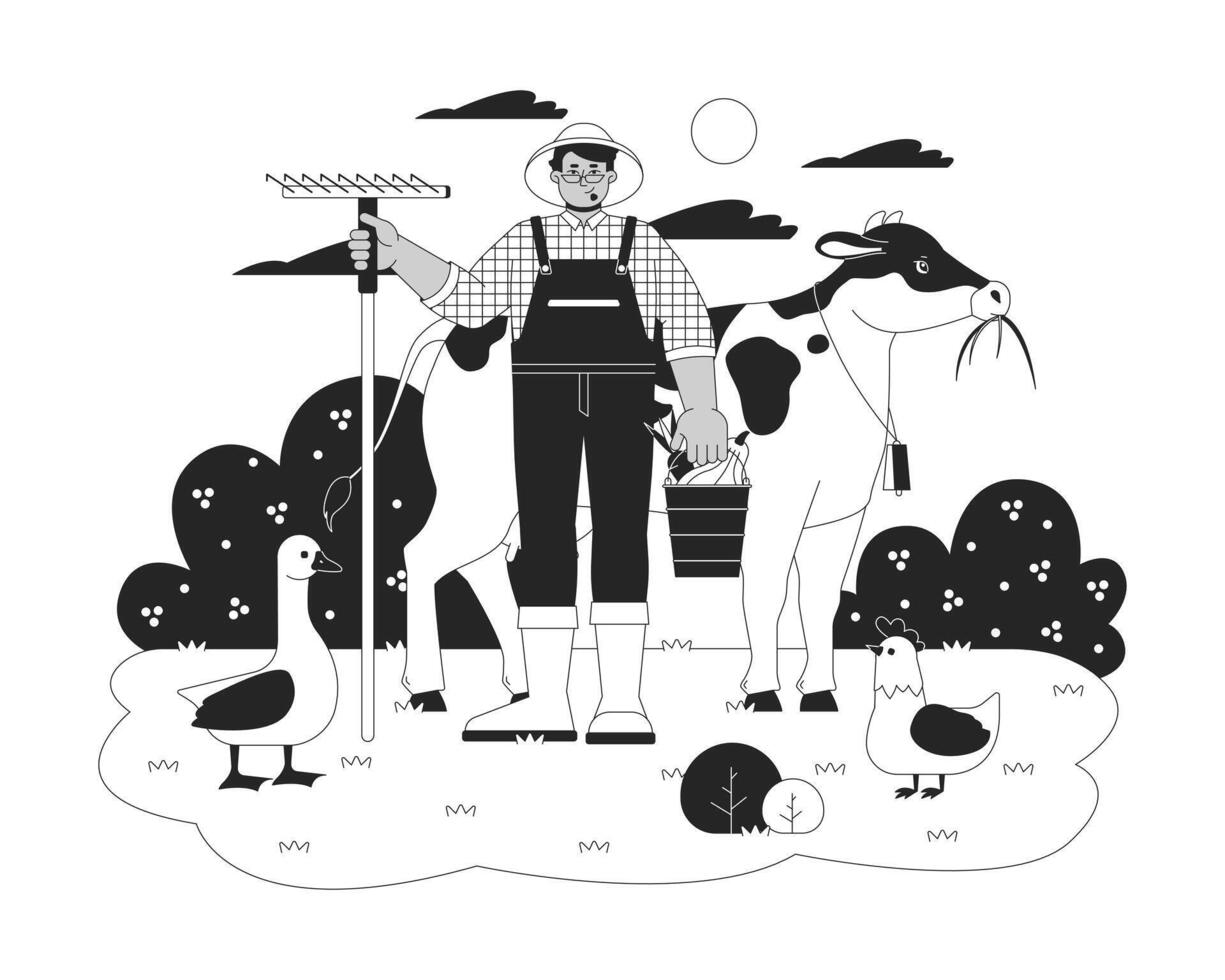 Arab man farmer with rake and animals cartoon black and white line illustration. Positive male working at husbandry 2D linear character isolated. Countryside lifestyle monochrome outline image vector
