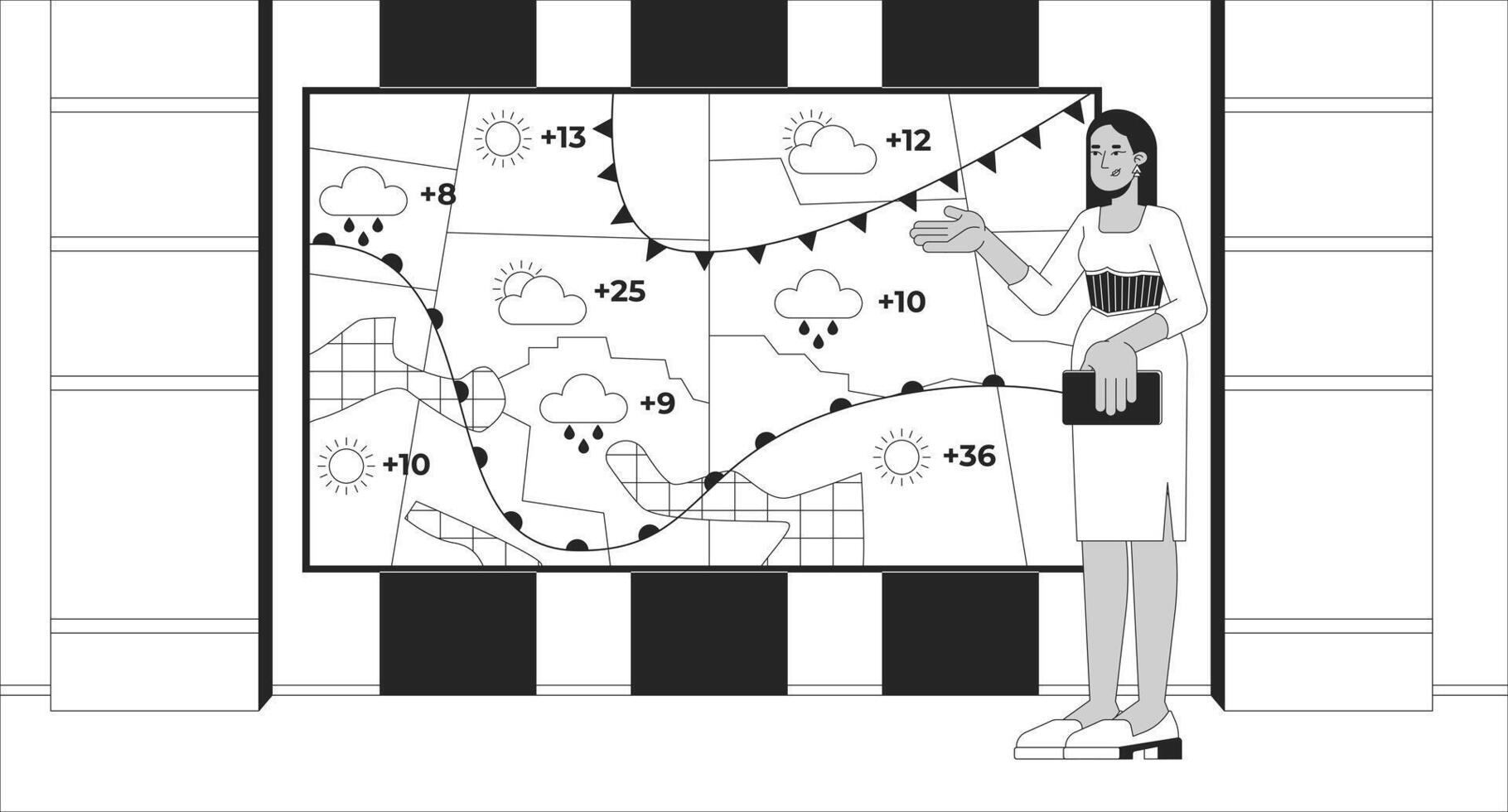 Weather channel on TV black and white line illustration. Synoptic woman reporting forecasting meteorologist 2D character monochrome background. Television production. Broadcasting outline image vector