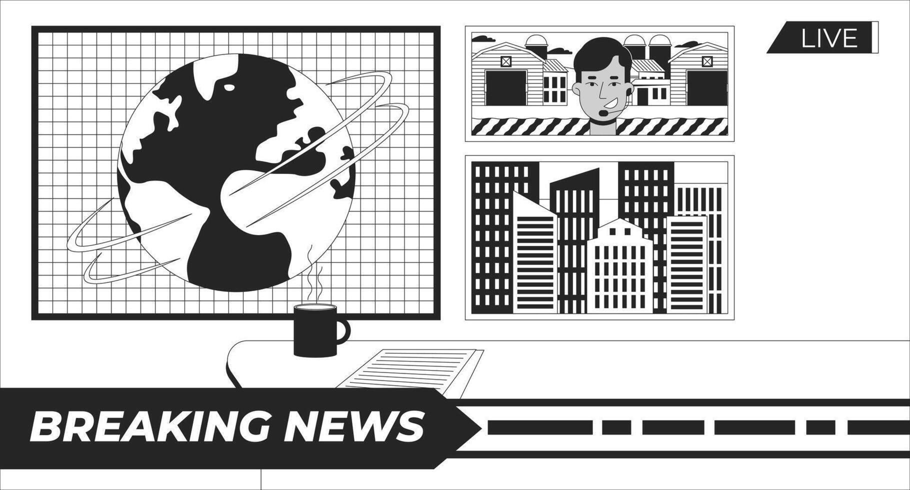 Headlines breaking news studio black and white line illustration. Newsroom. Live reportage reporter. Television broadcasting program 2D interior monochrome backdrop. TV production outline vector