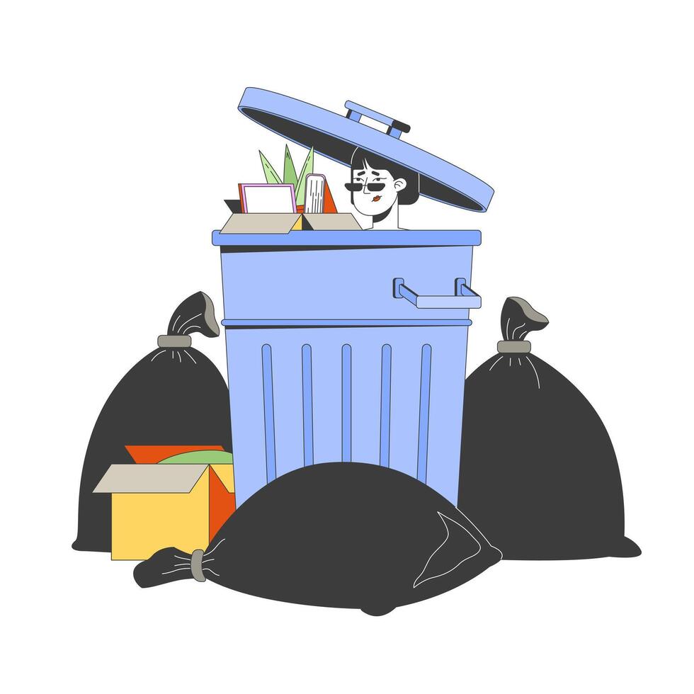 Korean woman with staff box in trash bin cartoon flat illustration. Dismissed female feeling like waste 2D character isolated on white background. Unemployment problem scene color image vector