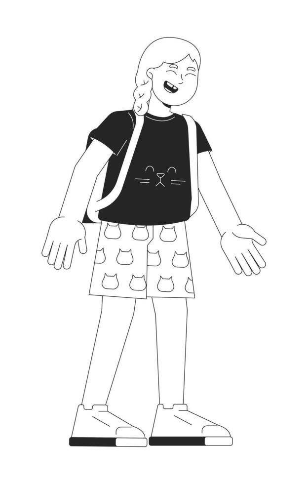 Blonde little girl laughing black and white 2D line character. Joyful child with backpack. Schoolgirl expressing positive emotions solated outline person. Monochromatic spot illustration vector