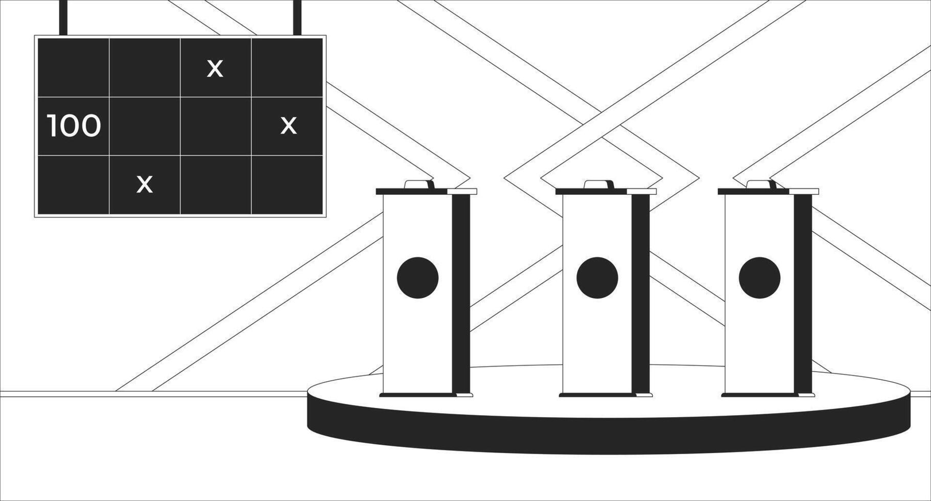 Game show studio with push buzzers and score display black and white line illustration. TV quiz show, pushbuttons. Television broadcasting 2D interior monochrome backdrop. Channel outline vector