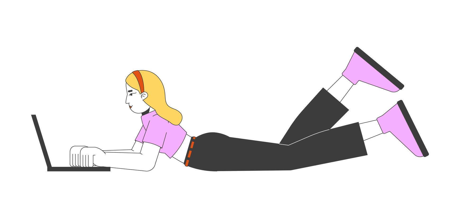 Relaxed caucasian woman typing on laptop 2D cartoon character. Online services. Female freelancer working from home isolated person flat on white background. Spot illustration colorful vector