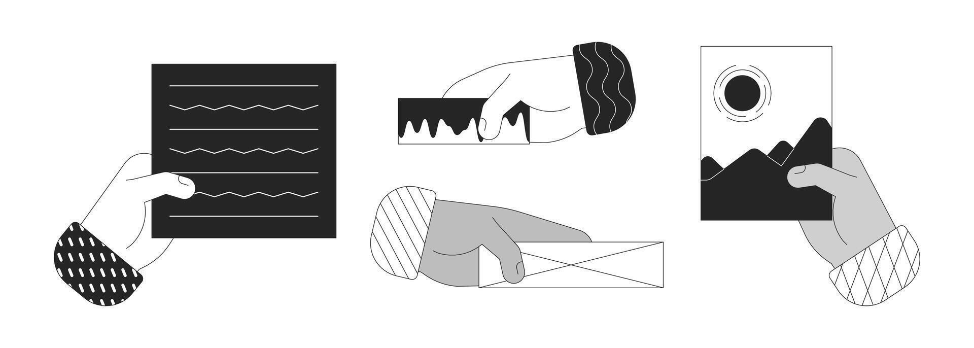 Multiethnic people hands holding elements outline illustrations set. Visual details. Business commerce and arts isolated 2D image black and white collection. Monochromatic drawing clip art vector