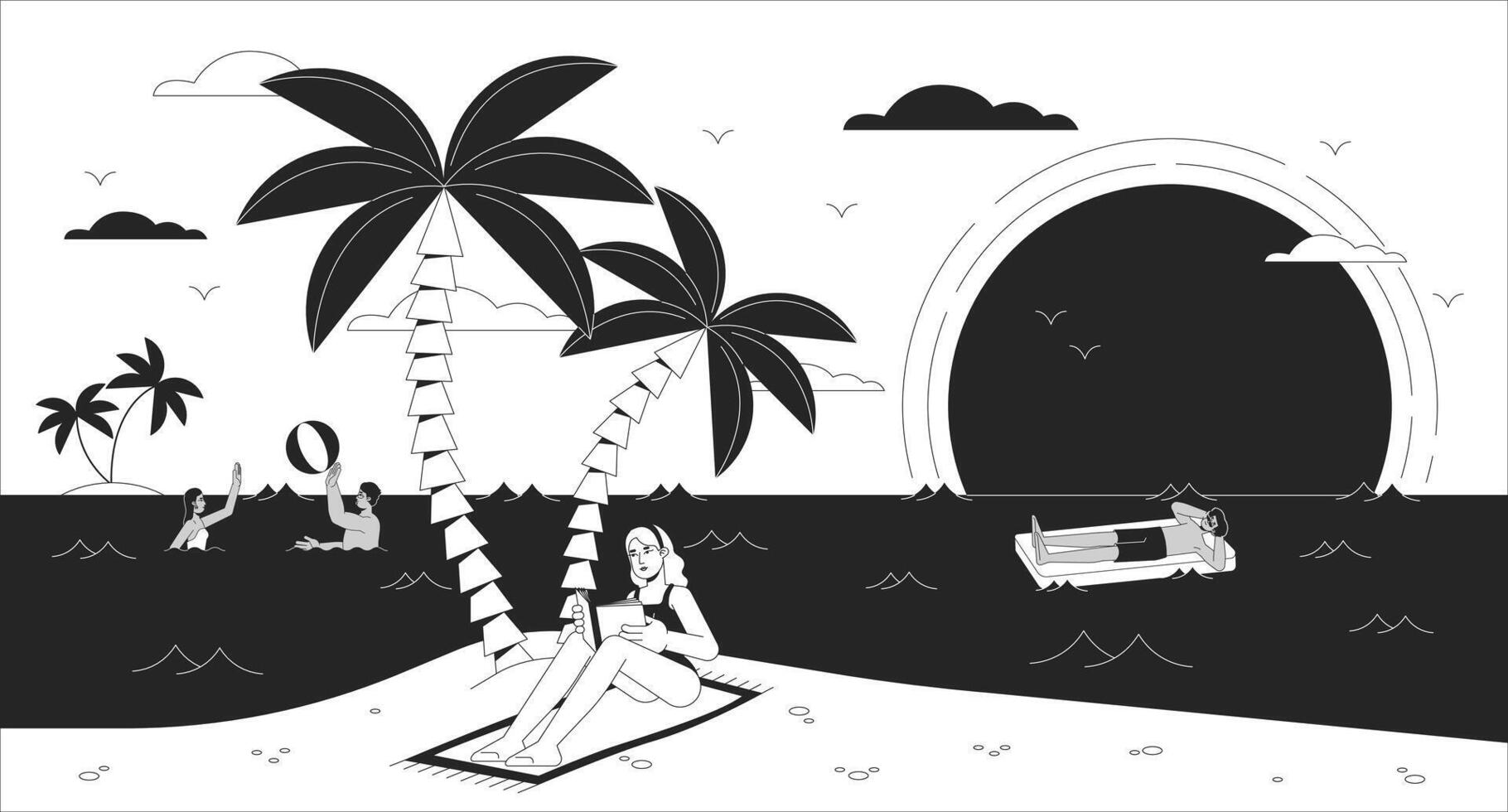 Young woman reading book on sea beach black and white line illustration. Adults spending time at exotic resort 2D characters monochrome background. Summer vacation activities outline image vector