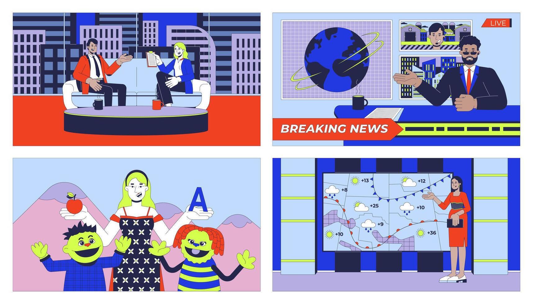 TV news and shows cartoon flat illustrations set. Puppets, weather girl, anchorman 2D characters colorful backgrounds. Television broadcasting programs scenes storytelling images collection vector