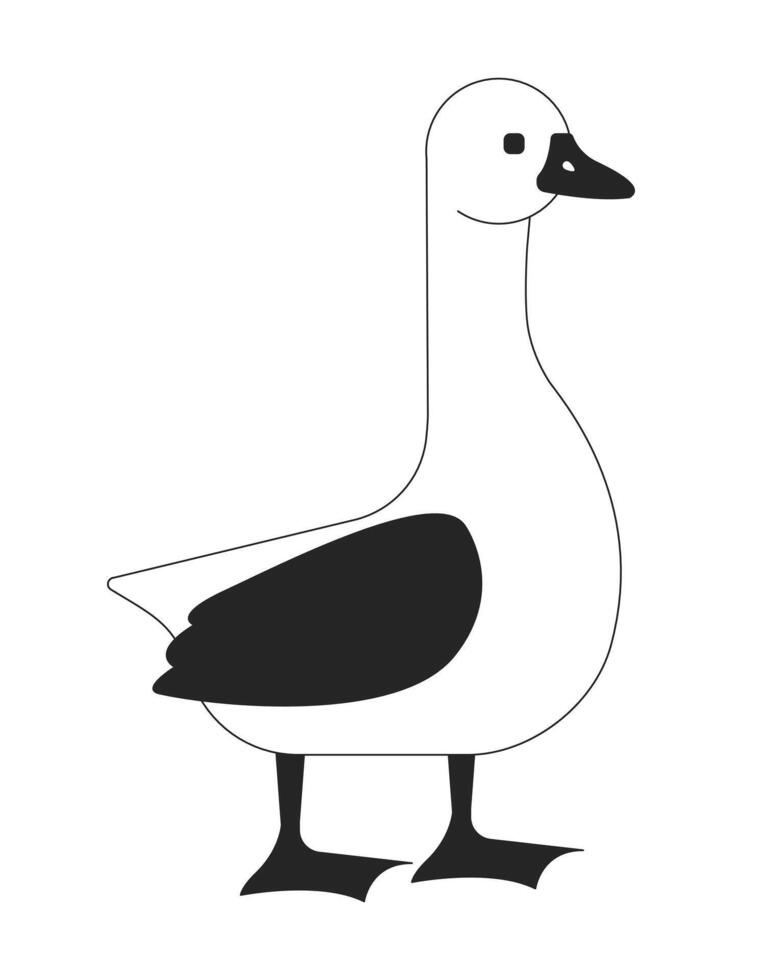Domestic goose standing black and white 2D line character. Poultry farm habitat. Agricultural husbandry meat bird breeding isolated outline personage. Monochromatic spot illustration vector
