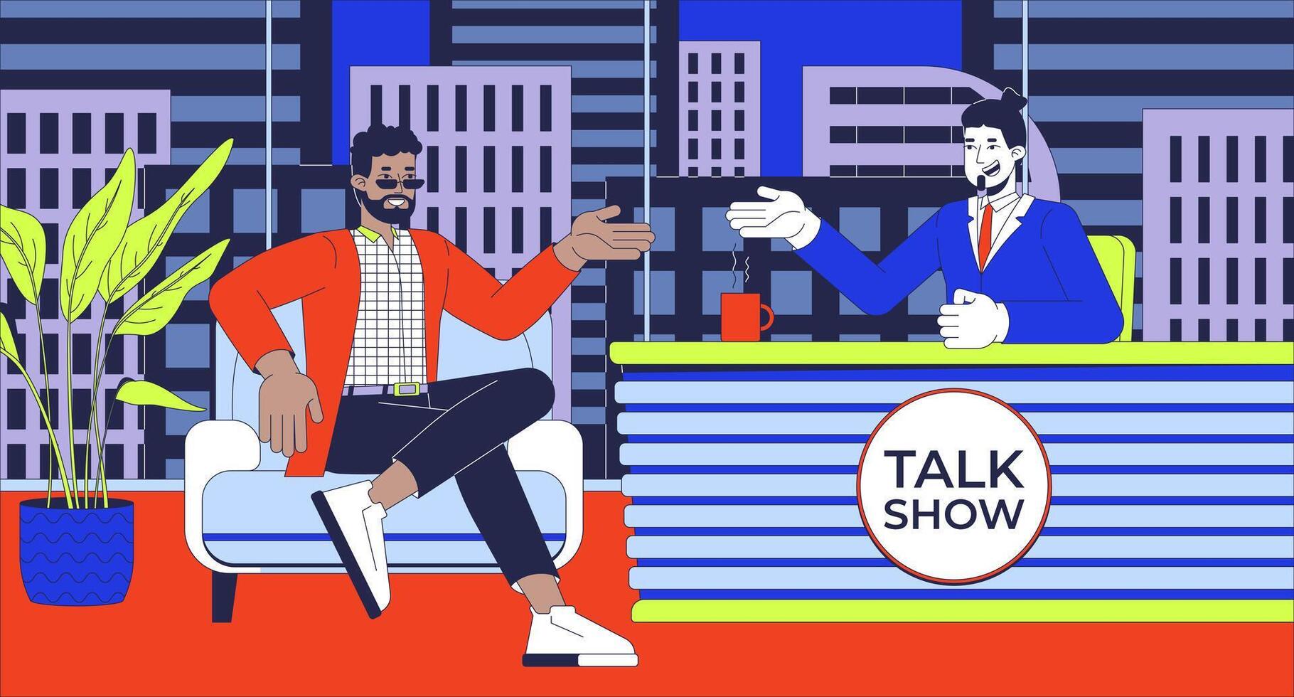 Talk show on TV flat illustration. Personality interview celebrity 2D characters cartoon background. Host guest. Late-night television production. Broadcasting program scene storytelling image vector