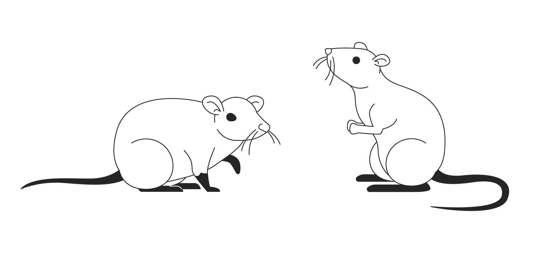 Couple of cute domesticated rats black and white 2D line characters. Adorable small animals asking for food. Funny rodent pets isolated outline personages. Monochromatic spot illustration vector
