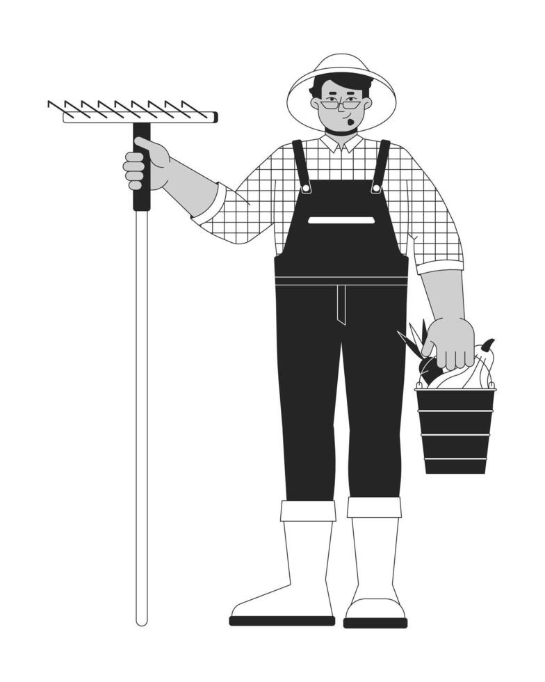 Arab male with rake and vegetables bucket black and white 2D line character. Rural husbandry employee. Positive man farmer harvesting solated outline person. Monochromatic spot illustration vector