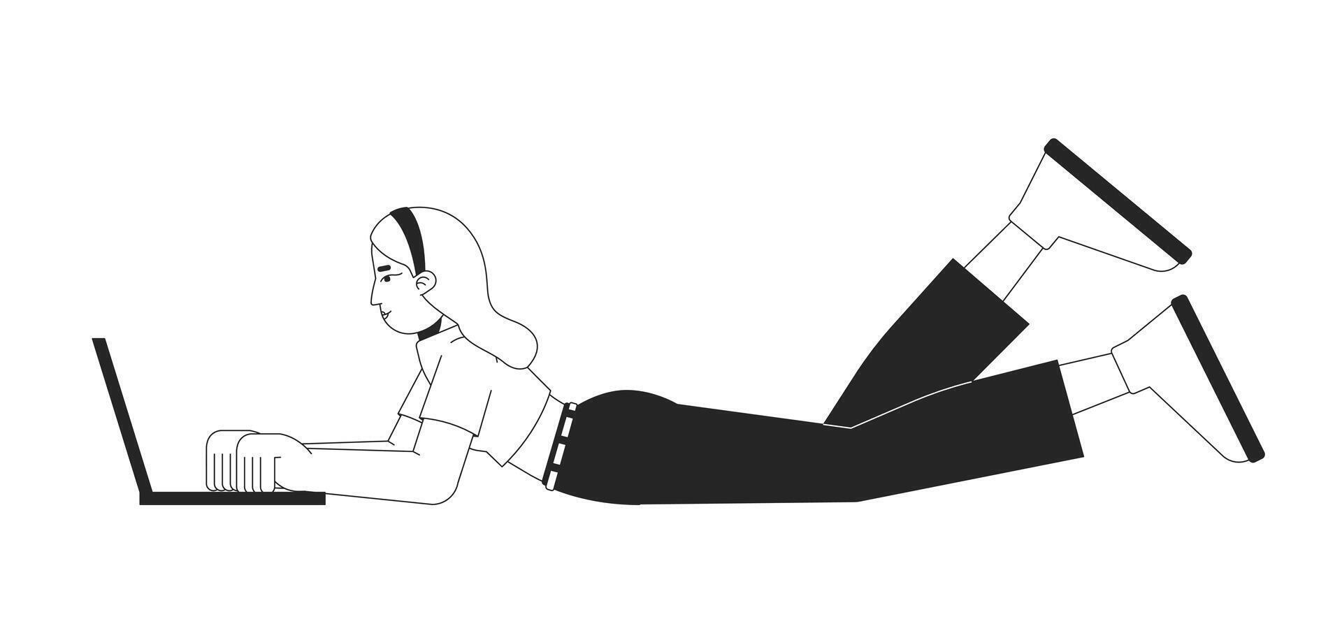 Relaxed caucasian woman typing on laptop black and white 2D line character. Online services. Female freelancer working from home solated outline person. Monochromatic spot illustration vector
