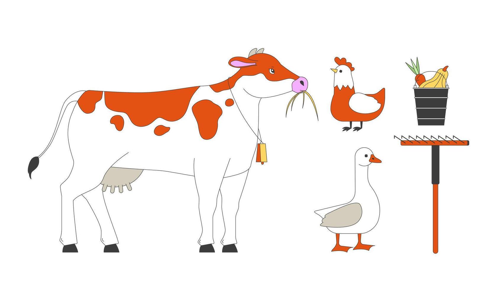 Farm animals with tools 2D cartoon characters, objects set. Husbandry habitats with vegetables and instruments isolated personages, items flat on white background. Spot illustrations collection vector