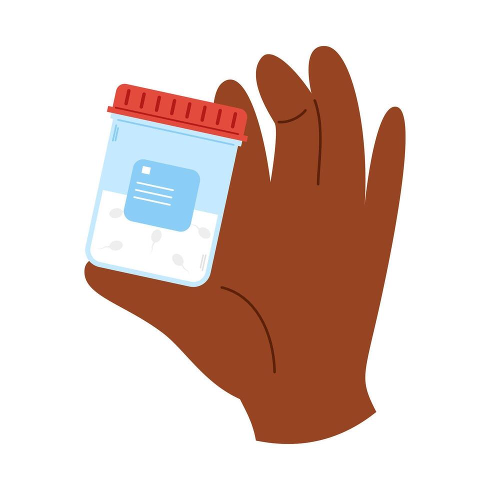 Sperm sample in plastic laboratory container on african hand for full check up. Medical sample in a plastic tube. Semen test vector