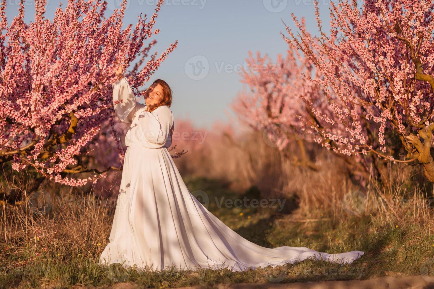 Woman blooming peach orchard. Against the backdrop of a picturesque peach orchard, a woman in a long white dress enjoys a peaceful walk in the park, surrounded by the beauty of nature. photo
