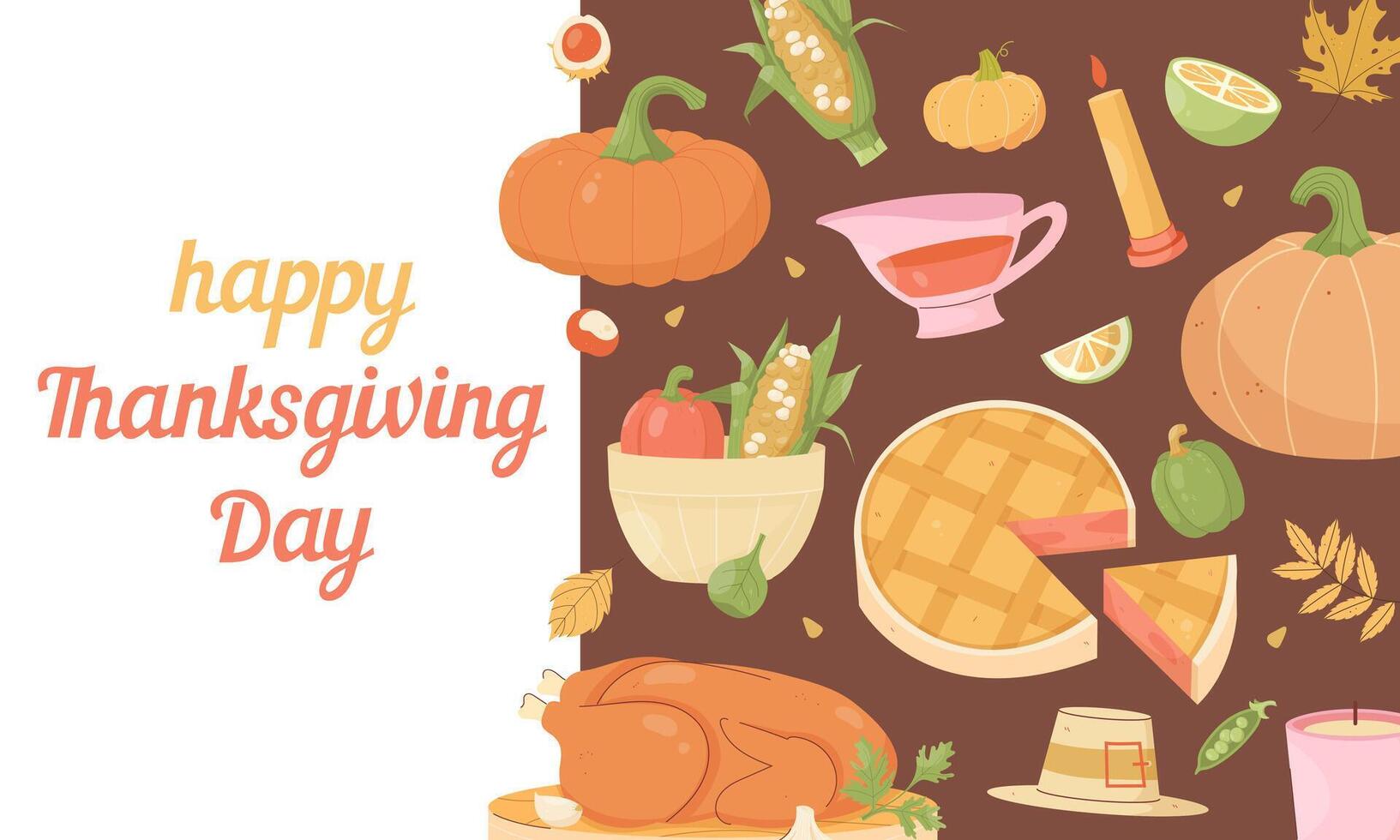 Thanksgiving Day web banner. Ingredients for a Thanksgiving dinner. Turkey, corn, pumpkin, pie vector