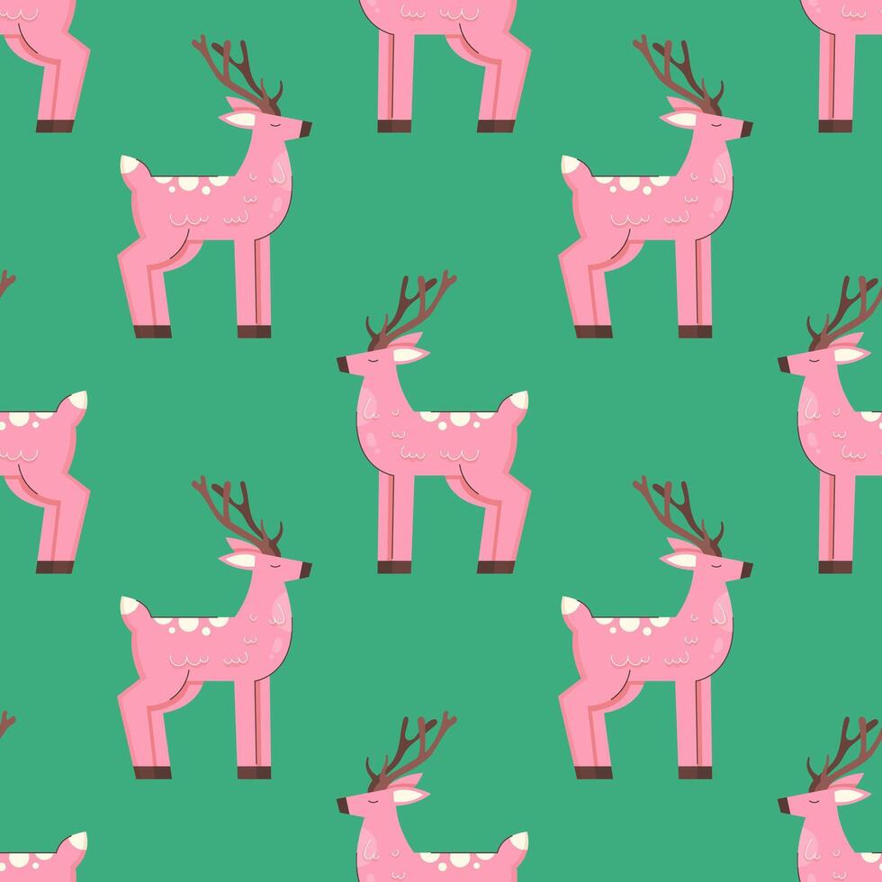 Christmas reindeer seamless pattern on green background vector