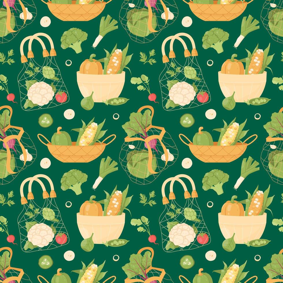 Vegetables in bunting, plates seamless pattern on a green background vector