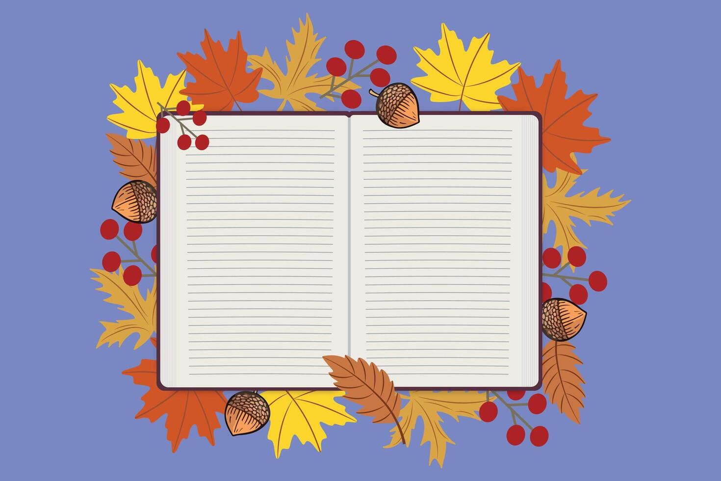 Autumn notebook with acorns, leaves, and berries on a purple background vector