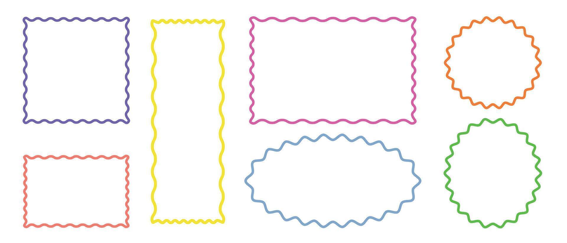 Colorful wavy frames of different shapes and sizes on white background. Wave scallop squiggle cute simple rectangle border set. vector