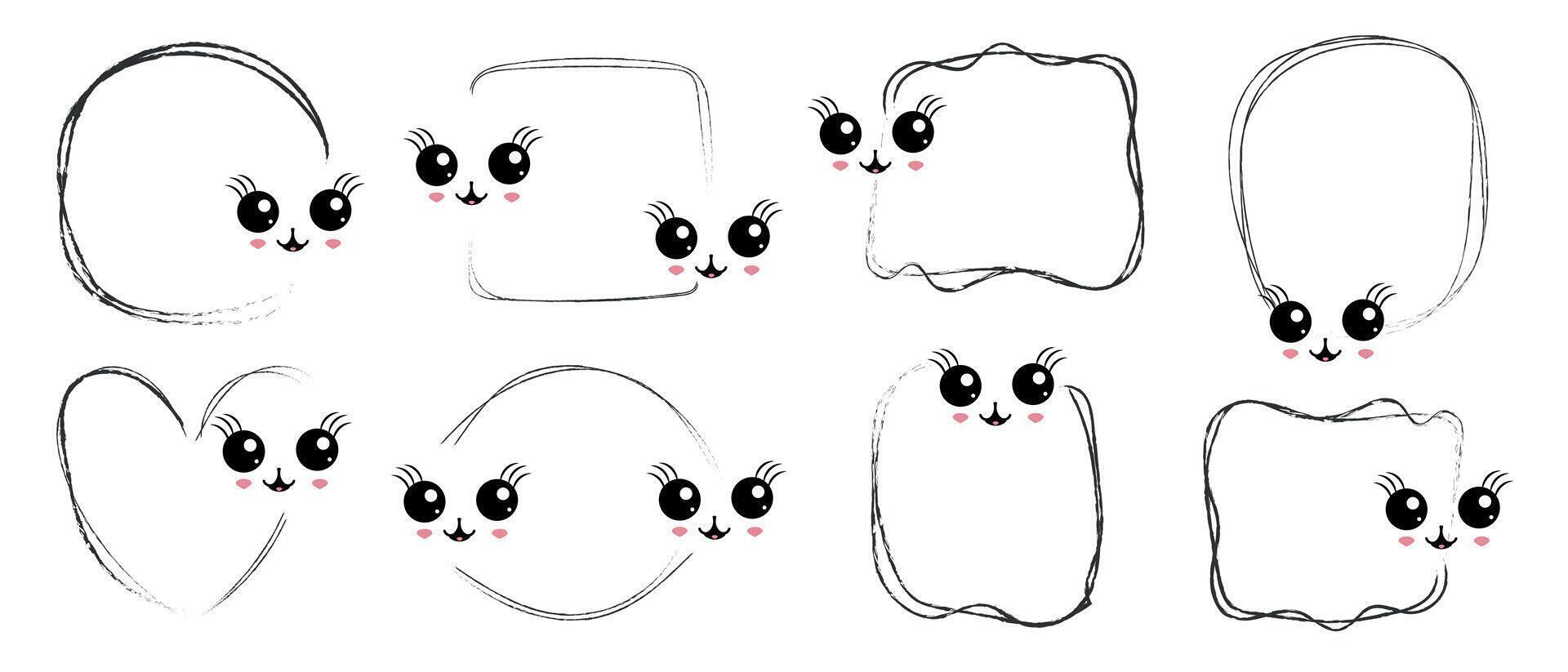 Cute kawaii frames with smiling cat faces and big eyes on white background. vector