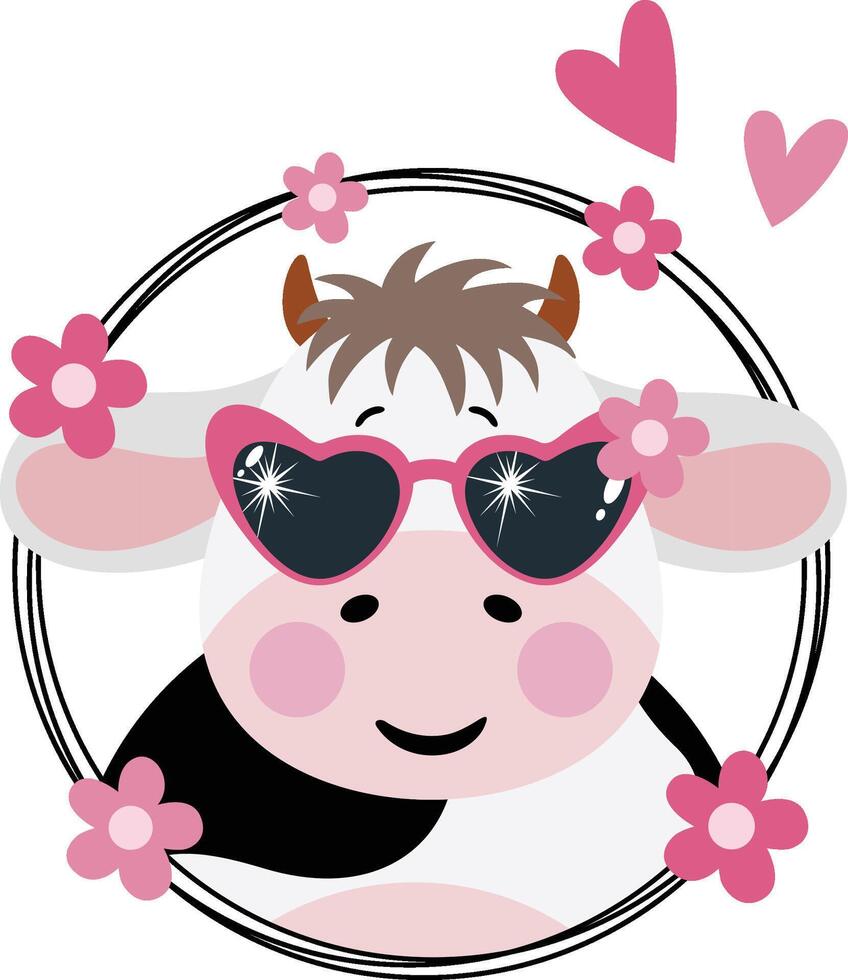 Cool super star cow in round frame with flowers vector