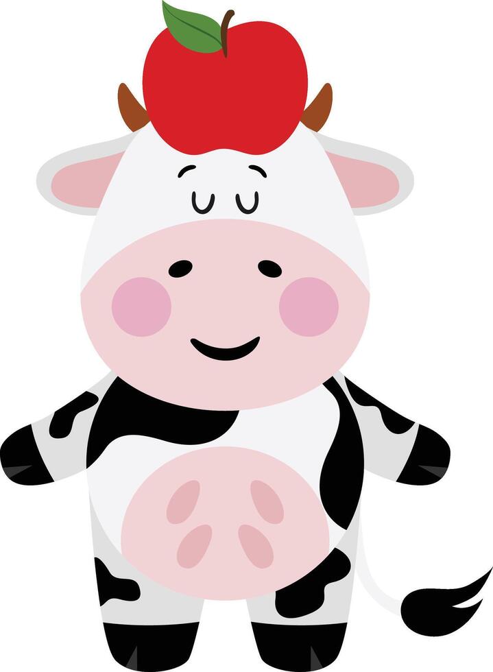 Cute cow with red apple on his head vector