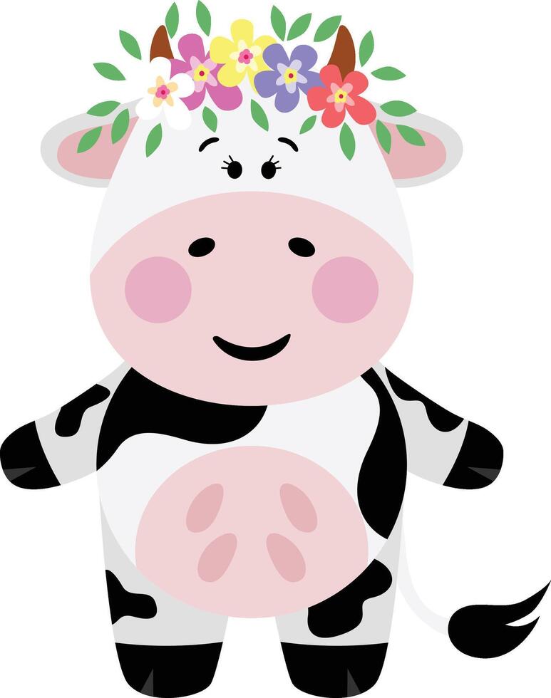 Adorable cow with wreath floral on head vector