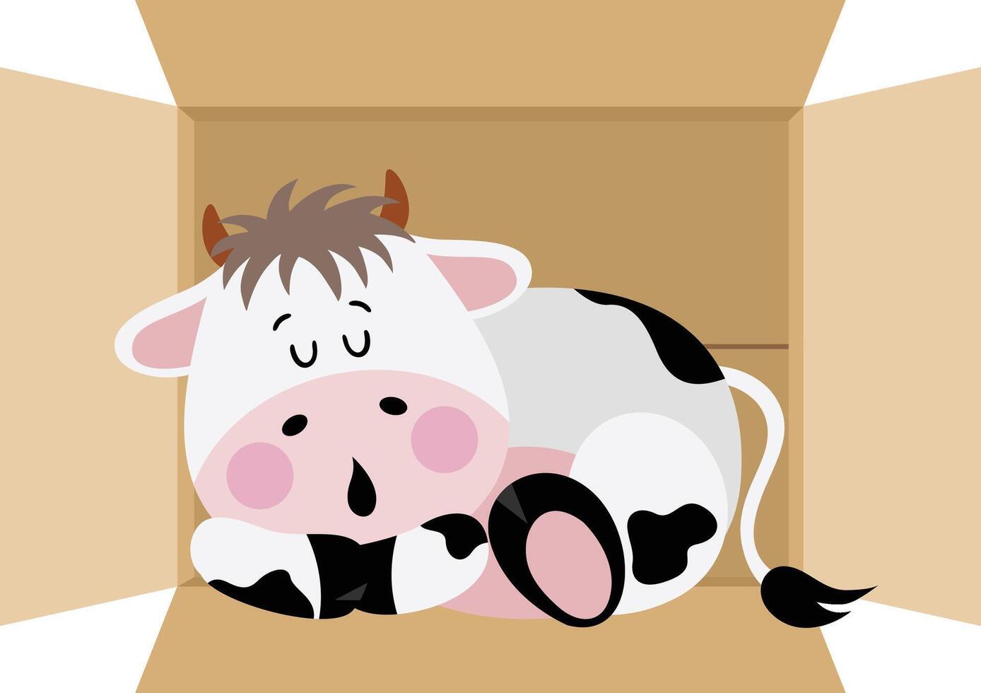Cute cow sleeping in cardboard box vector