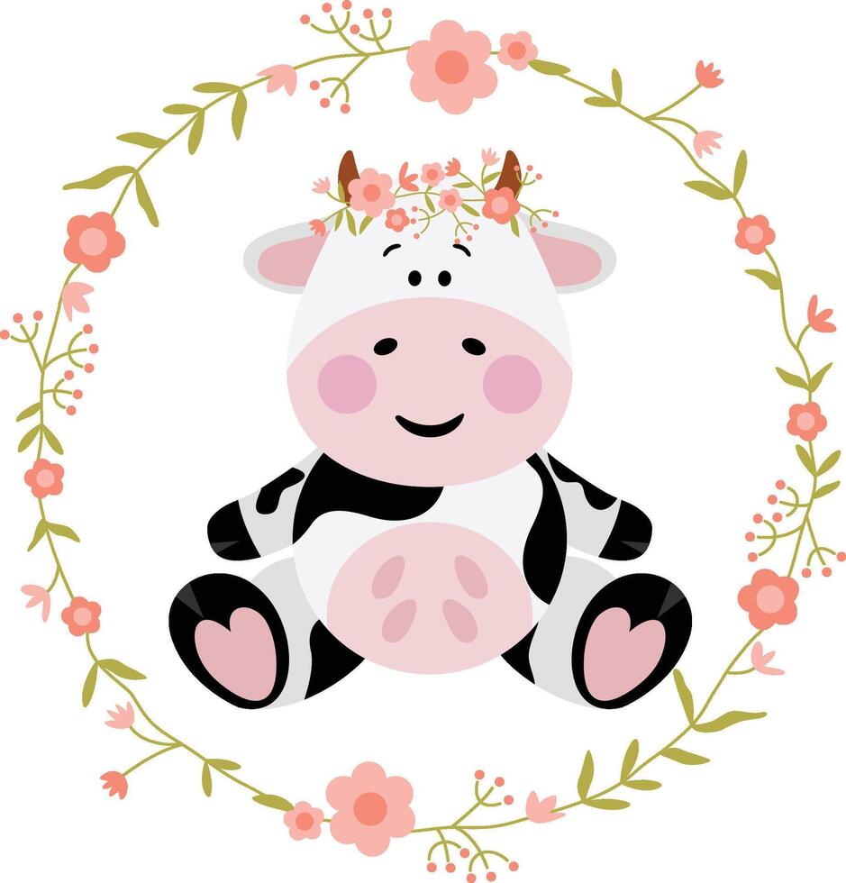 Funny cow in the round frame with spring flowers vector