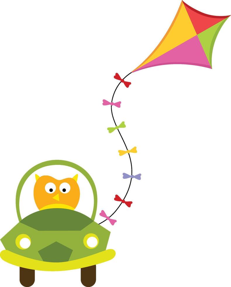 Cute owl driving car with kite vector