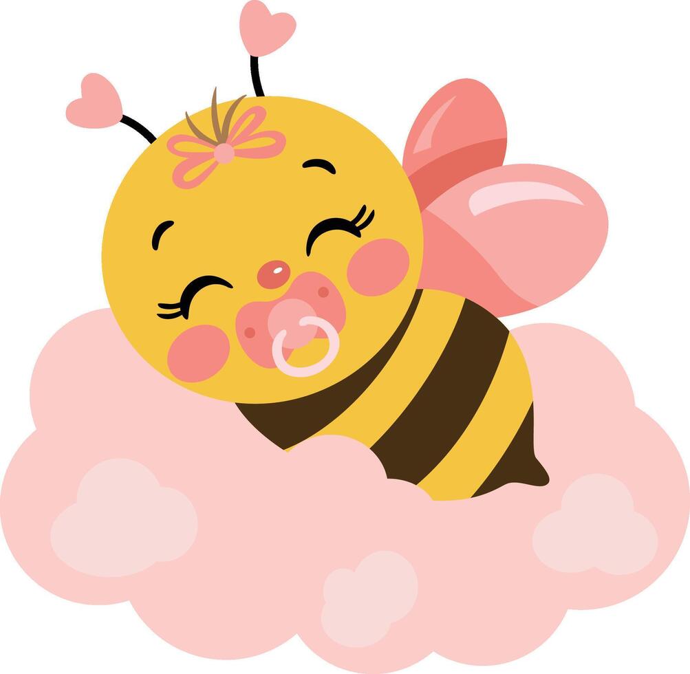 Baby girl bee sleeping on pink cloud vector