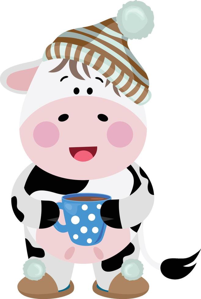Cute cow waking up drinking cup of coffee vector