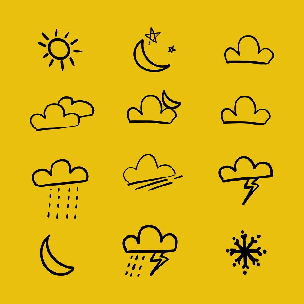 Set of icons for the weather forecast in the doodle style vector