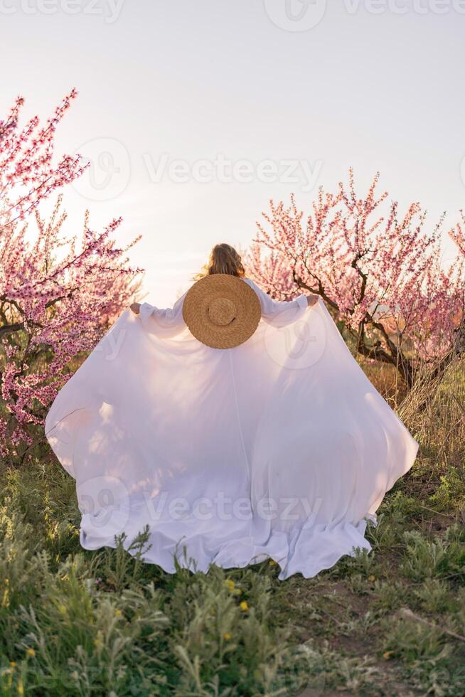 Woman blooming peach orchard. Against the backdrop of a picturesque peach orchard, a woman in a long white dress and hat enjoys a peaceful walk in the park, surrounded by the beauty of nature. photo