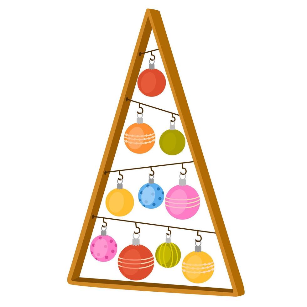 Sustainable Christmas. Handmade eco Christmas tree made of wooden planks on a rope hanging on the wall. Organic decorations. Zero waste plastic free concept. Ecological holiday. Ecofriendly decor vector