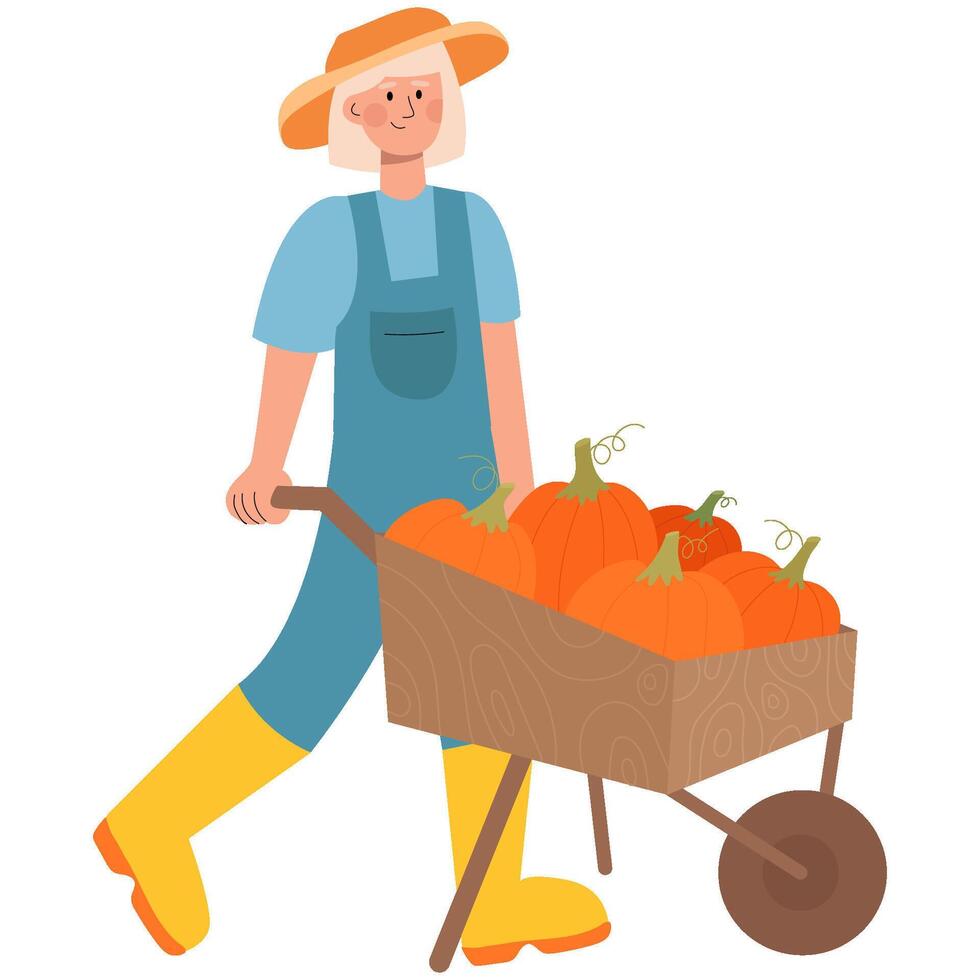 Woman character with wheelbarrow full of pumpkin. The concept of the autumn harvest, organic farming, gardening, home garden. vector