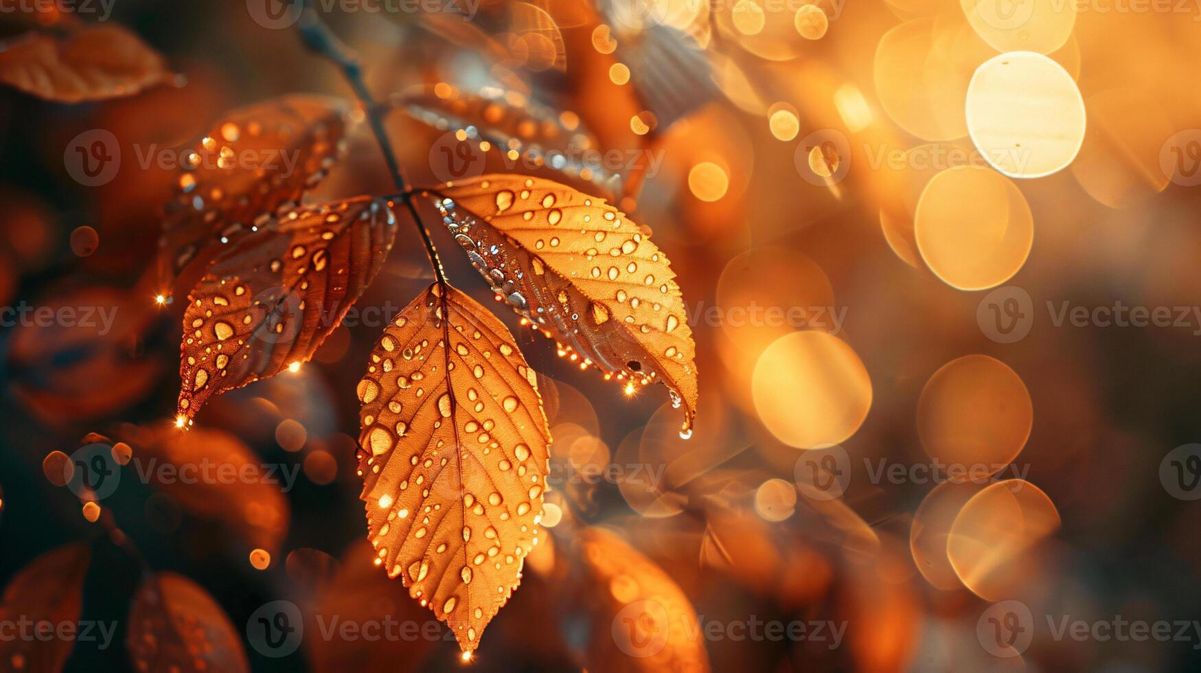 Dewdrops on Autumn Leaves with Bokeh Background photo