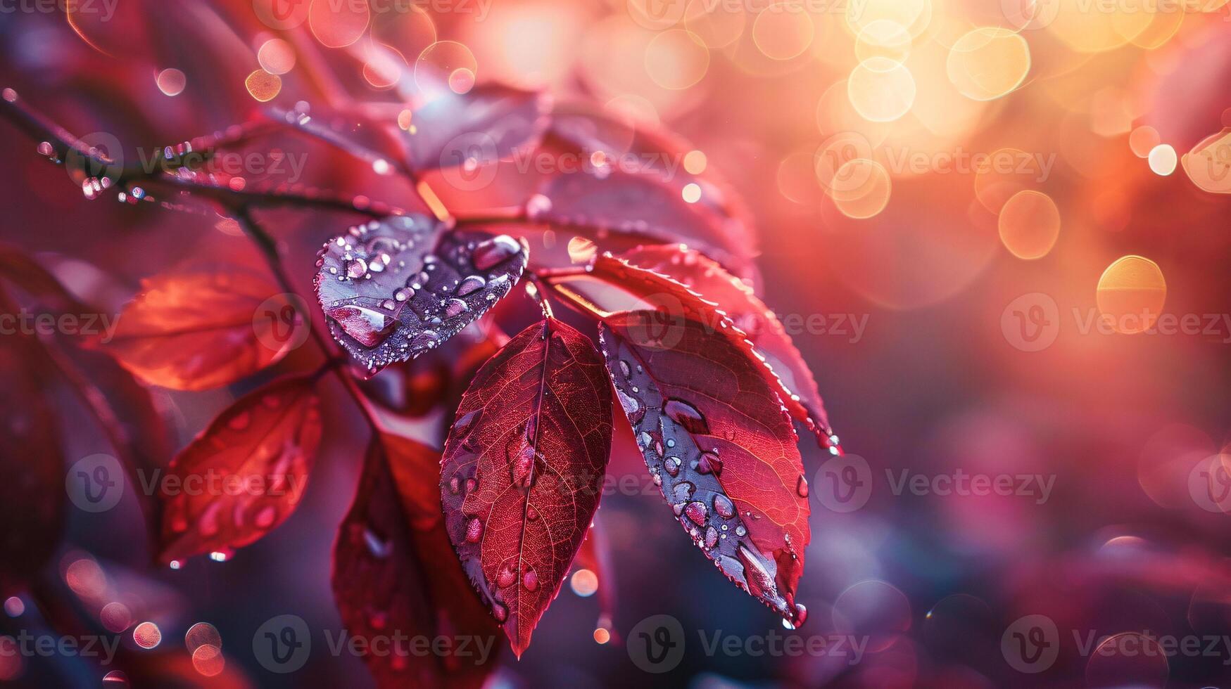 Dew-Covered Red Leaves with Bokeh Background photo