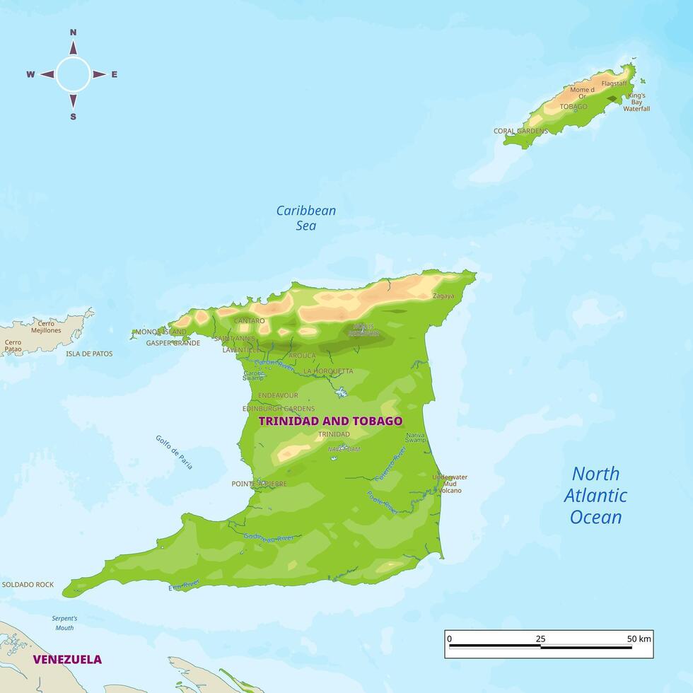 Trinidad and Tobago physical map with national borders, rivers and lakes, mountains, parks, labeling vector