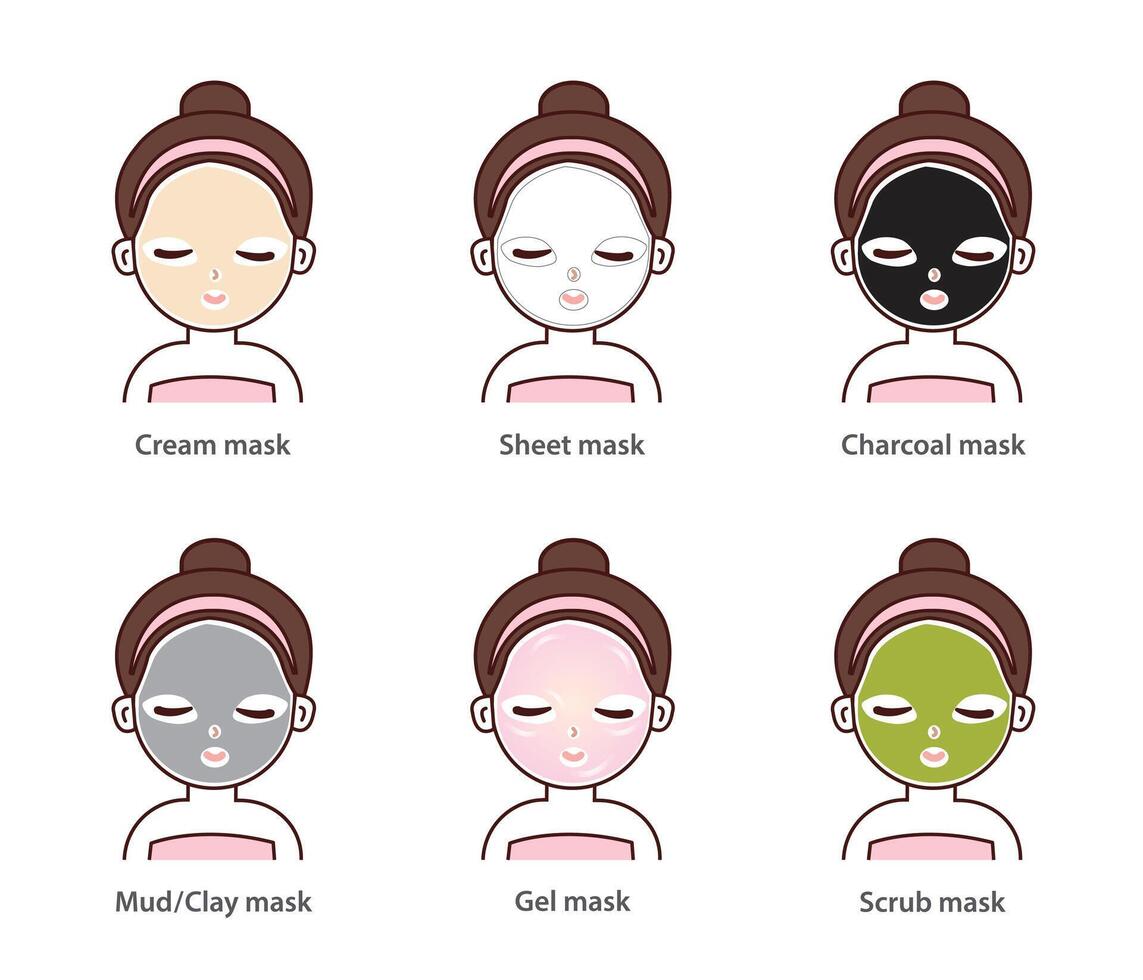 Types of face mask set illustration isolated on white background. Facial treatment mask with cute cartoon style. Cream, sheet, charcoal peel off, mud, clay, gel and scrub mask. vector
