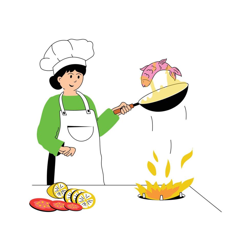 Professional chef frying fish, fish fry illustration vector