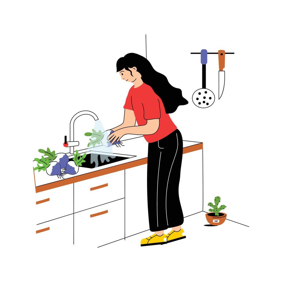 A person washes fresh vegetables under running water vector