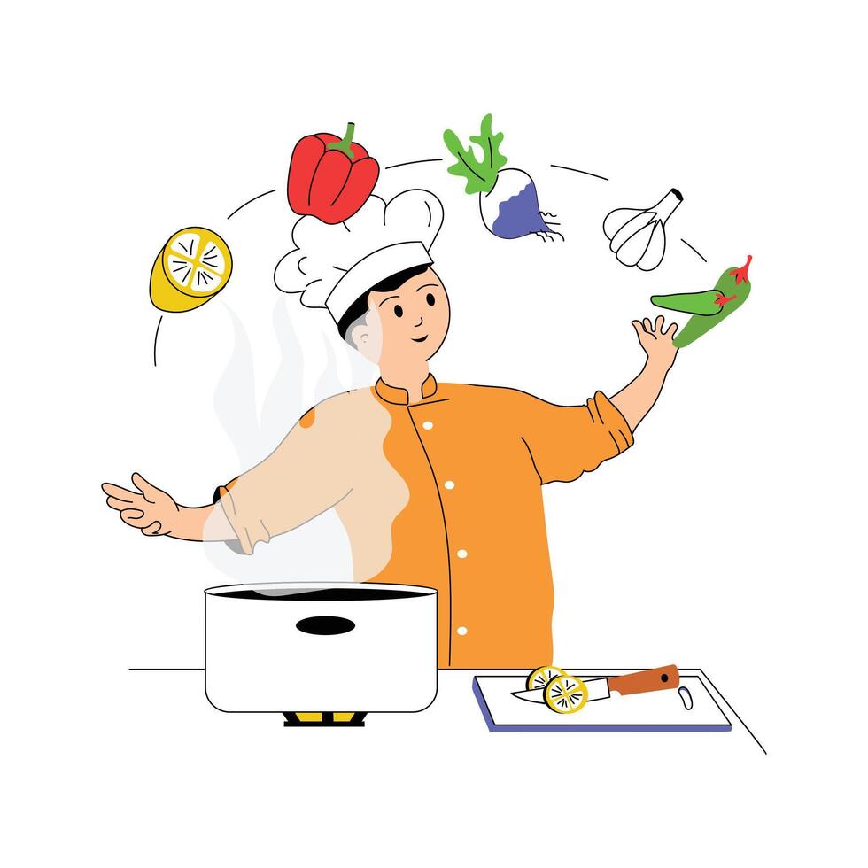 A chef enjoys the creative process of cooking in the kitchen vector