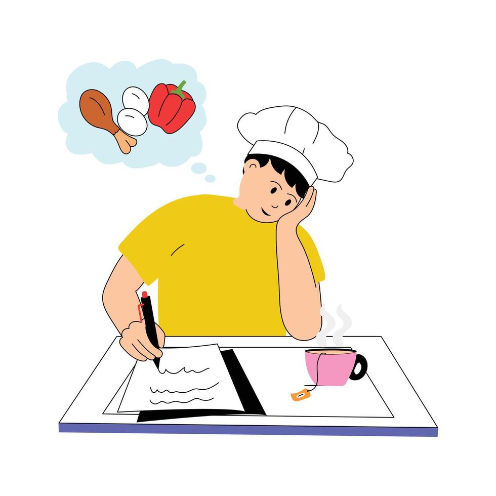 A chef brainstorms new cooking ideas with various ingredients vector