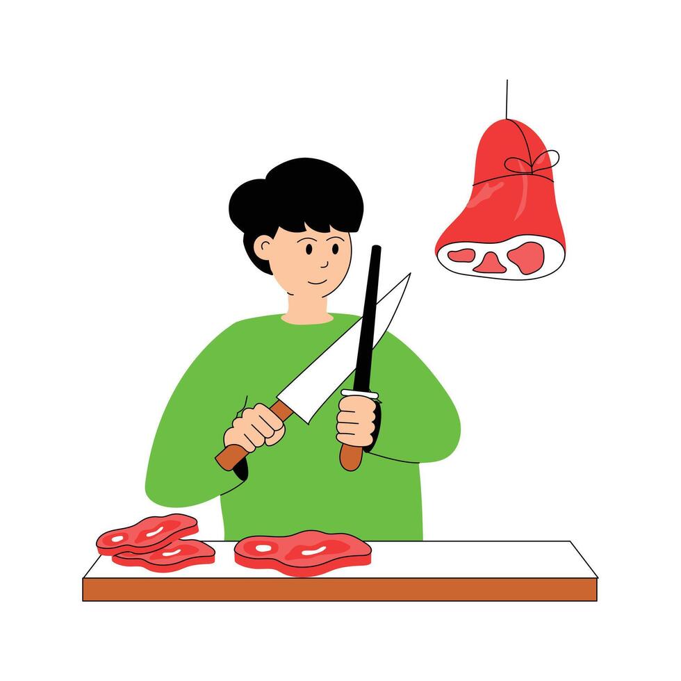 Butcher cutting meat with cleaver, butcher flat illustration vector