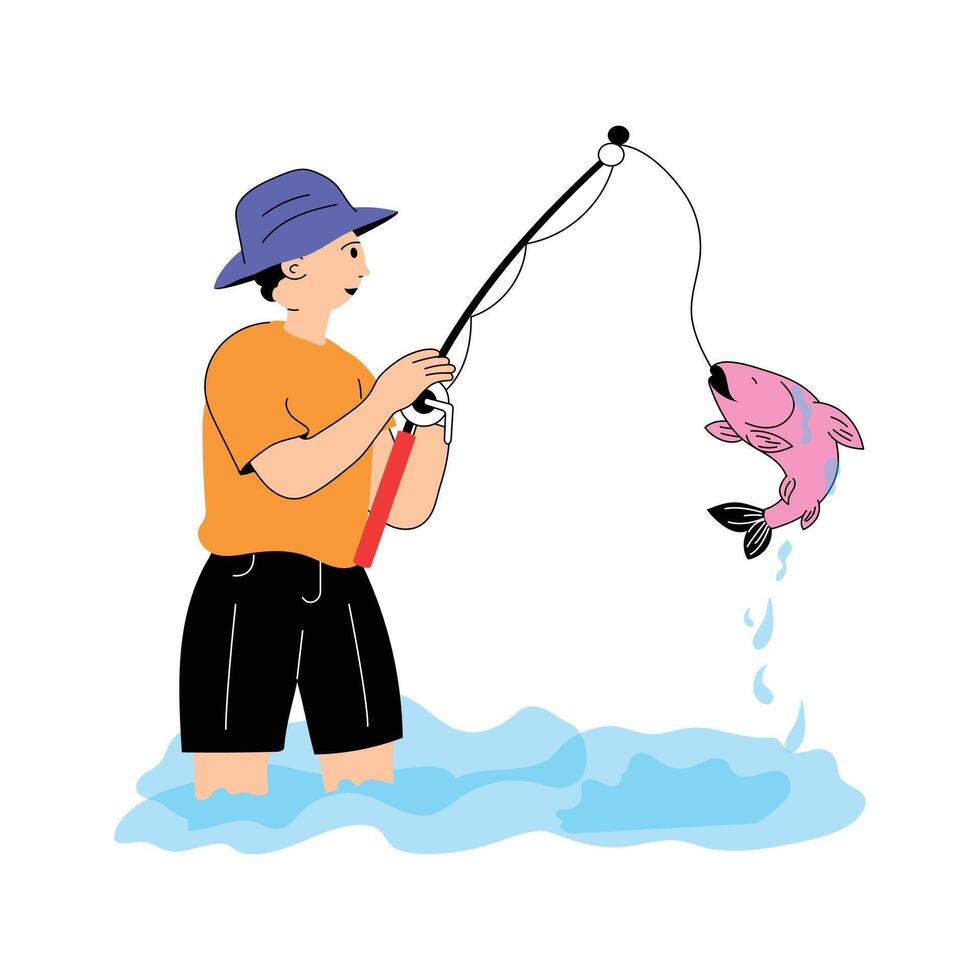 Catching fish, fish hunting, fishing flat illustration vector